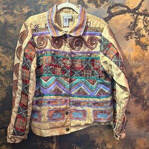 Coldwater Creek Red and Orange Jean Jacket with Artistic Flair